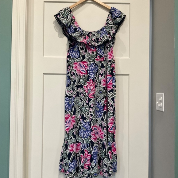 LOFT Floral Ruffle Neck Midi Dress w/ Pom Pom On or Off Shoulder - Picture 4 of 8